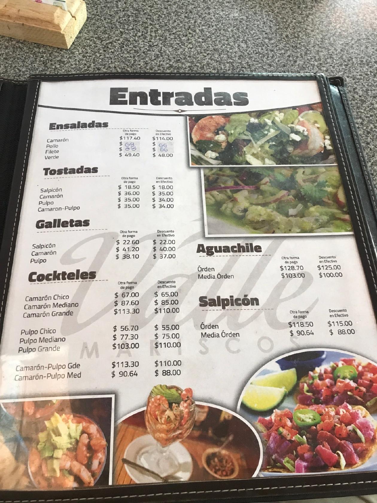 Menu at Mariscos Valle restaurant, Valle de Guadalupe, Carretera ...