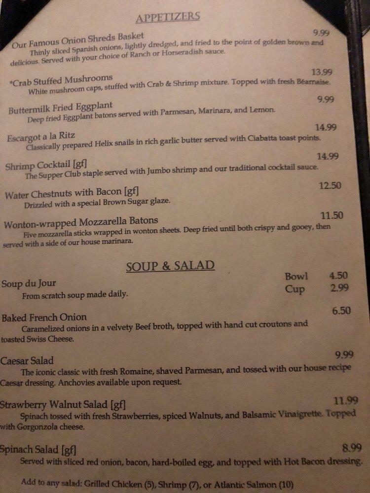 Menu at The Packing House steakhouse, Milwaukee