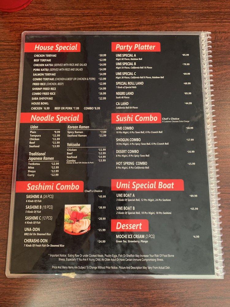 Menu at UMI SUSHI restaurant, Ocean Shores