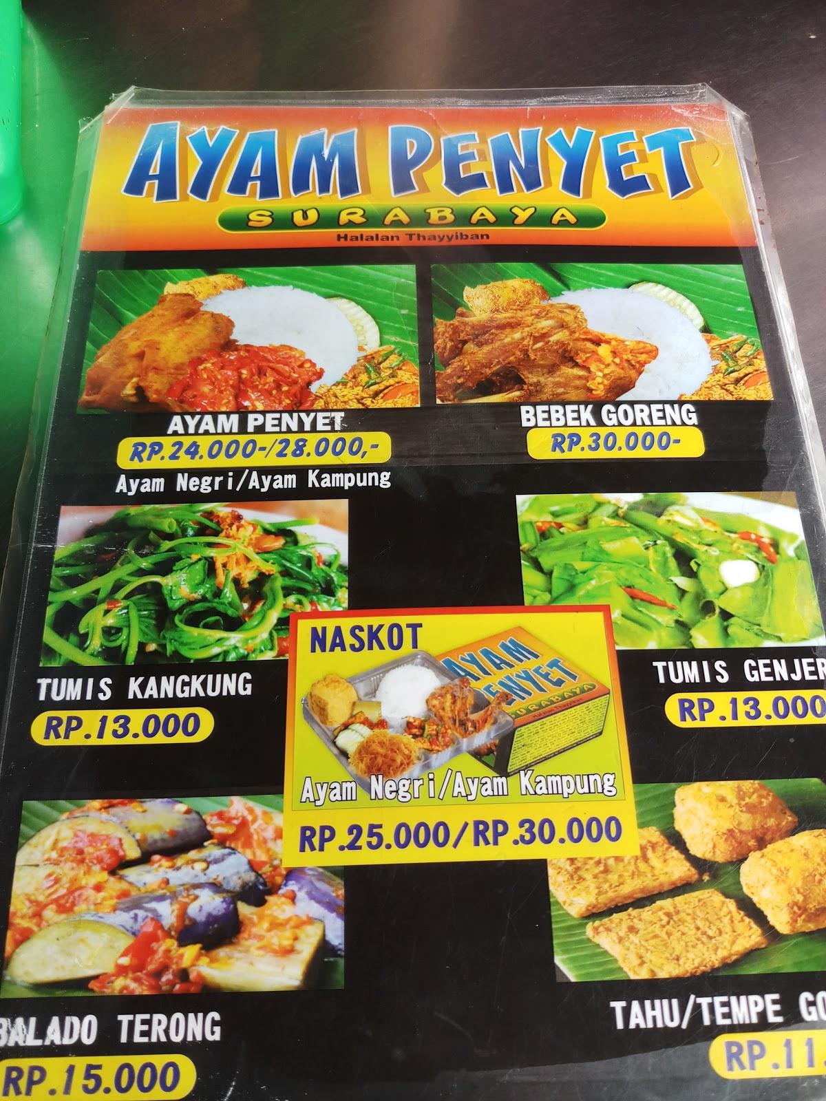 Menu at Ayam Penyet Surabaya restaurant, East Jakarta, Jl. Balai ...