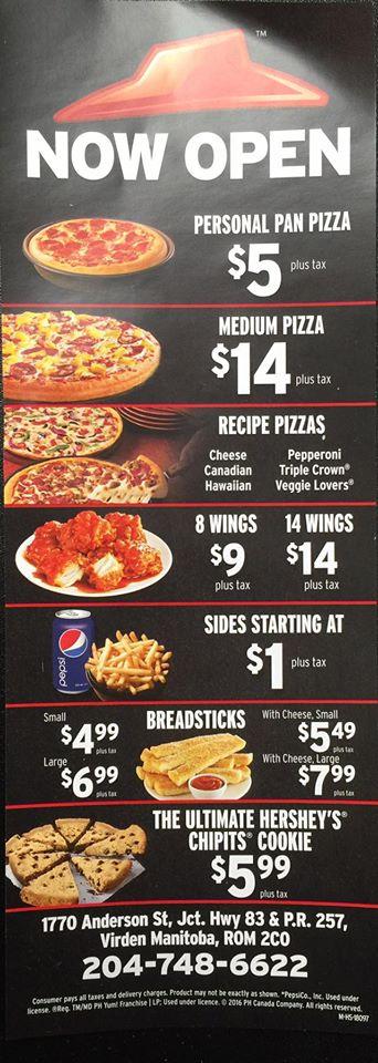 Menu at Pizza Hut Express restaurant, Virden