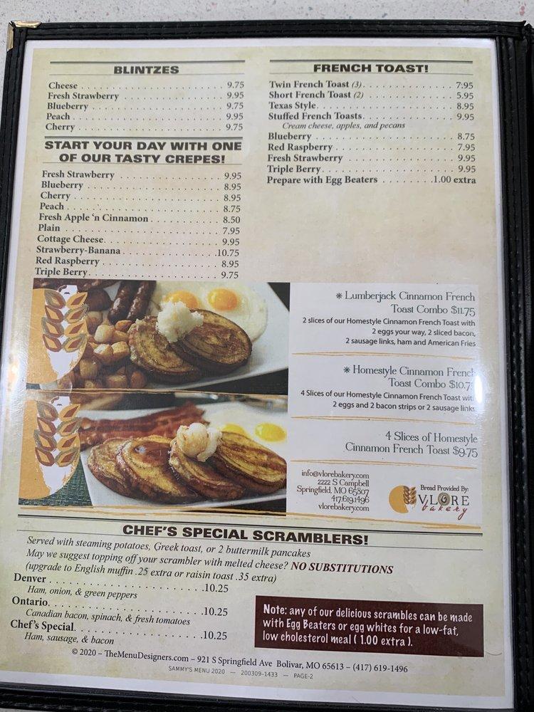 Menu at Sammy's Pancake House restaurant, Champaign