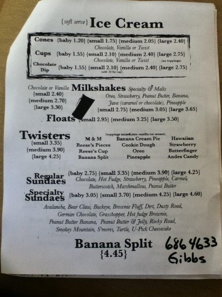 Menu at Twister's Diner restaurant, Knoxville, Washington Pike