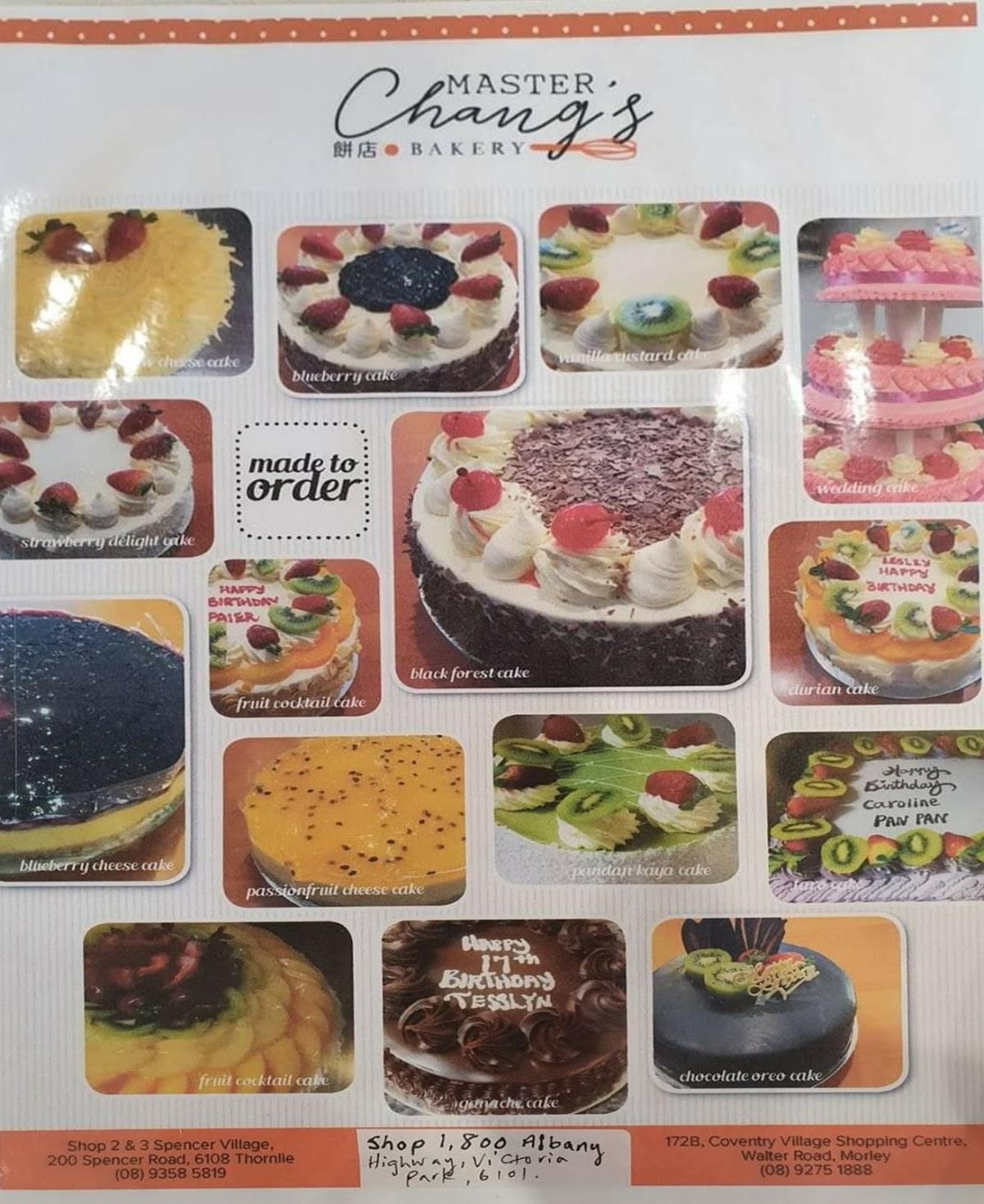 Carta de Master Chang’s Bakery Victoria Park, East Victoria Park