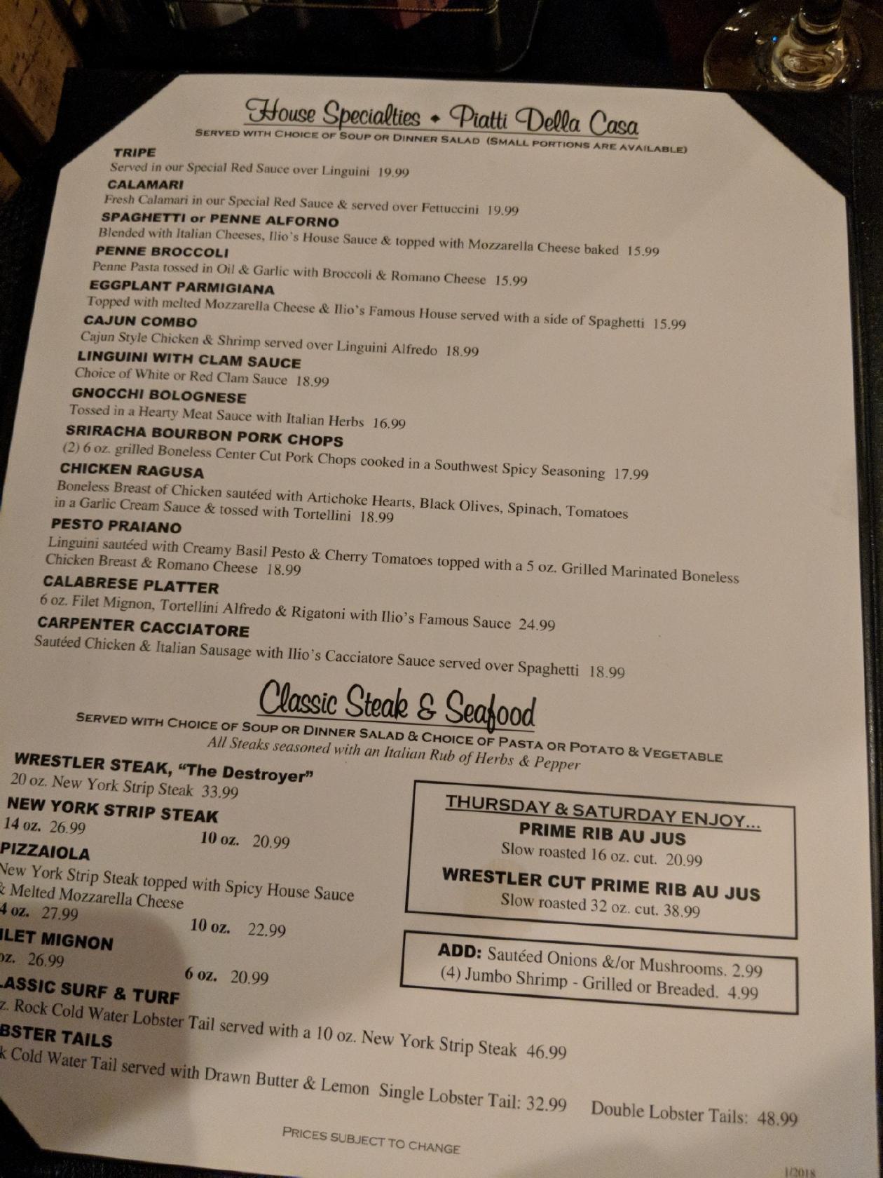 Menu at Ilio DiPaolo's Restaurant & Banquet Facility, Blasdell