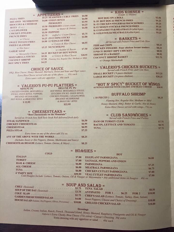 Menu at Valerio's pizzeria, Albrightsville, Rte 903