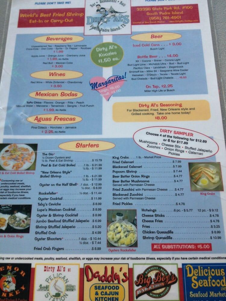 Menu at Dirty Al's restaurant, South Padre Island, State Park Rd 100