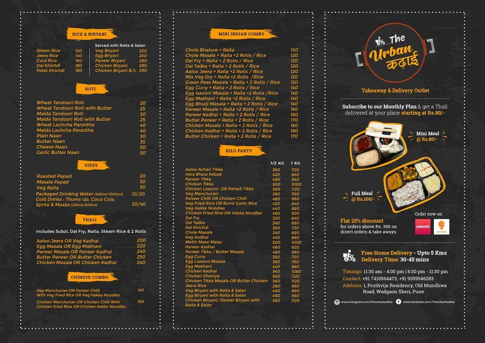 The Urban Kadhai menu