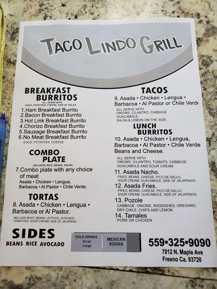 Menu at Taco Lindo Grill restaurant, Fresno