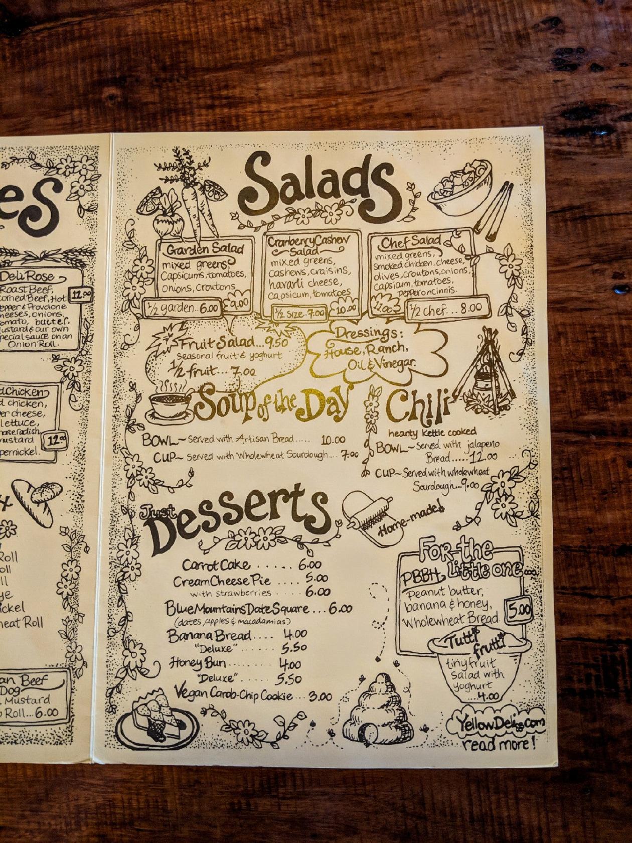 Menu at Yellow Deli cafe, Katoomba
