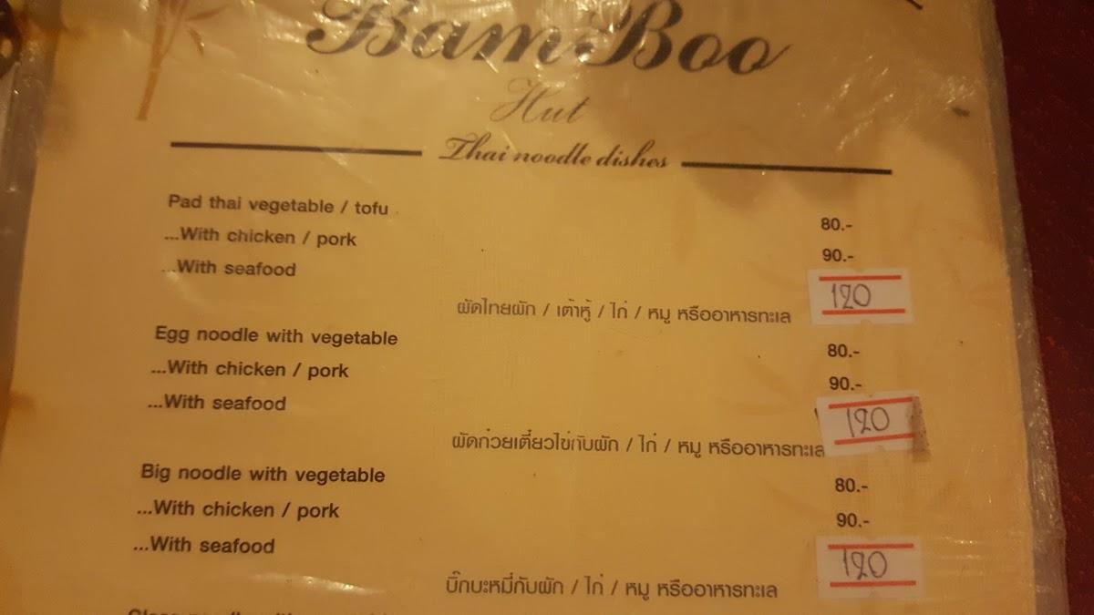 Menu at Bamboo Hut restaurant, Koh Chang Tai