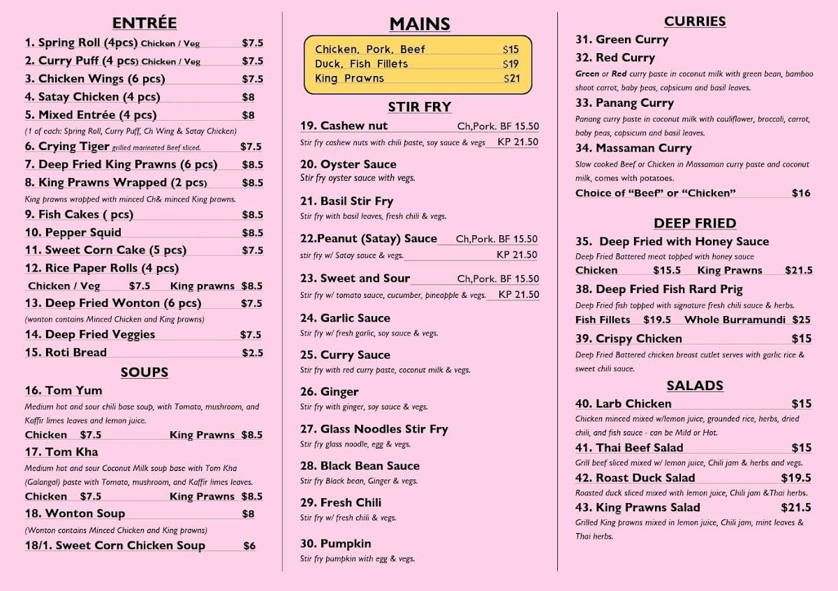 Menu at Golden Food Thai Restaurant, North Albury