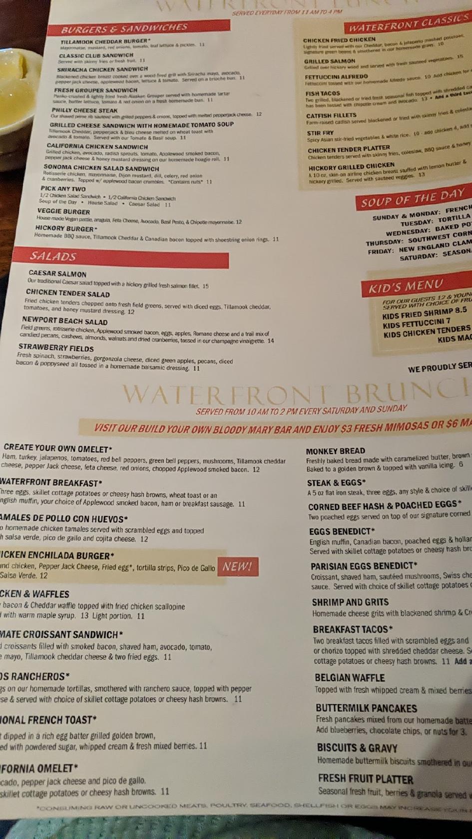 Menu at Waterfront Grill Tulsa restaurant, Jenks