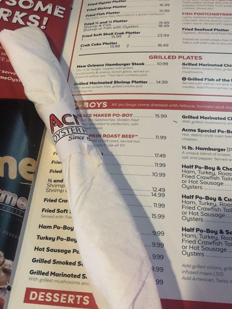 Menu at Acme Oyster House restaurant, Metairie, Veterans Blvd