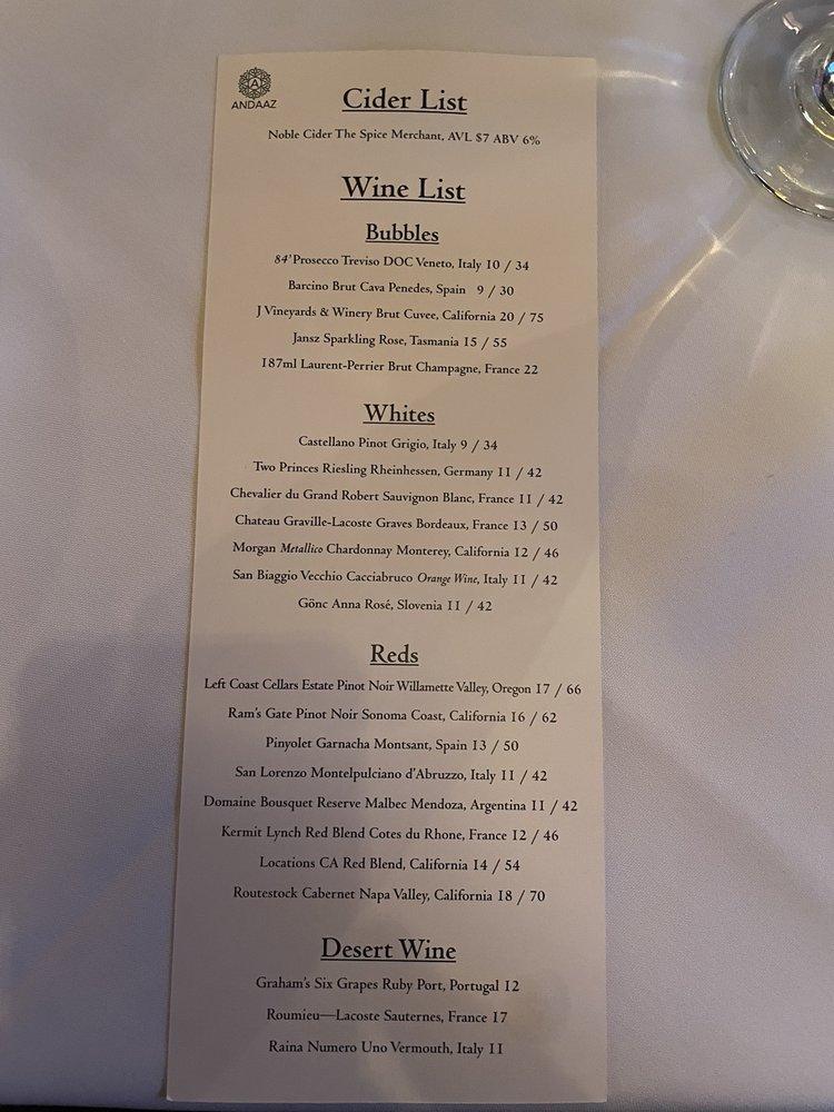 Menu at Andaaz restaurant, Asheville