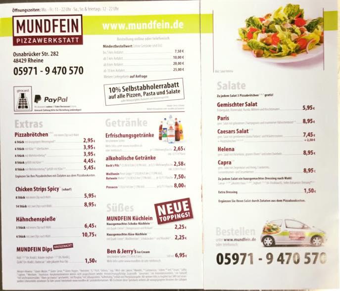 Speisekarte von MUNDFEIN Pizzawerkstatt Rheine, Rheine