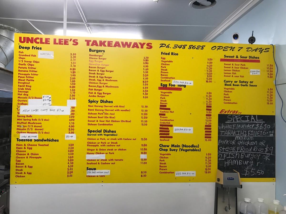 Menu at Uncle Lee's Takeaway fast food, Rotorua