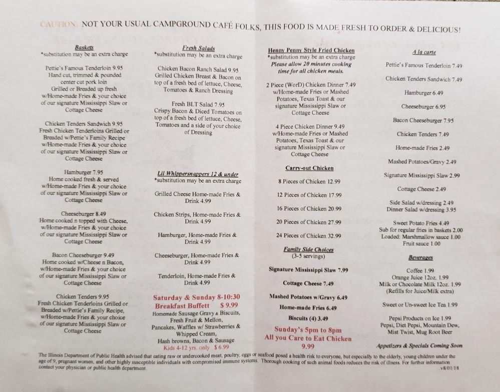 Menu at Cafe on the Lake, Colona