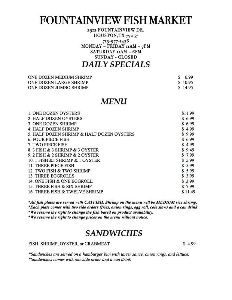 Menu at Fountain View Fish Market restaurant, Houston