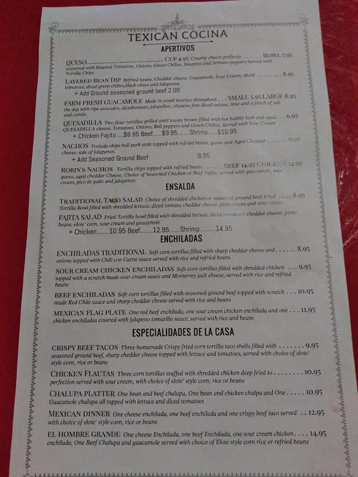 Menu at Texican Cocina restaurant, Graford