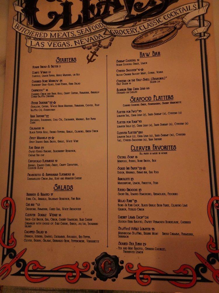 Menu at Cleaver Butchered Meats, Seafood & Classic Cocktails pub & bar