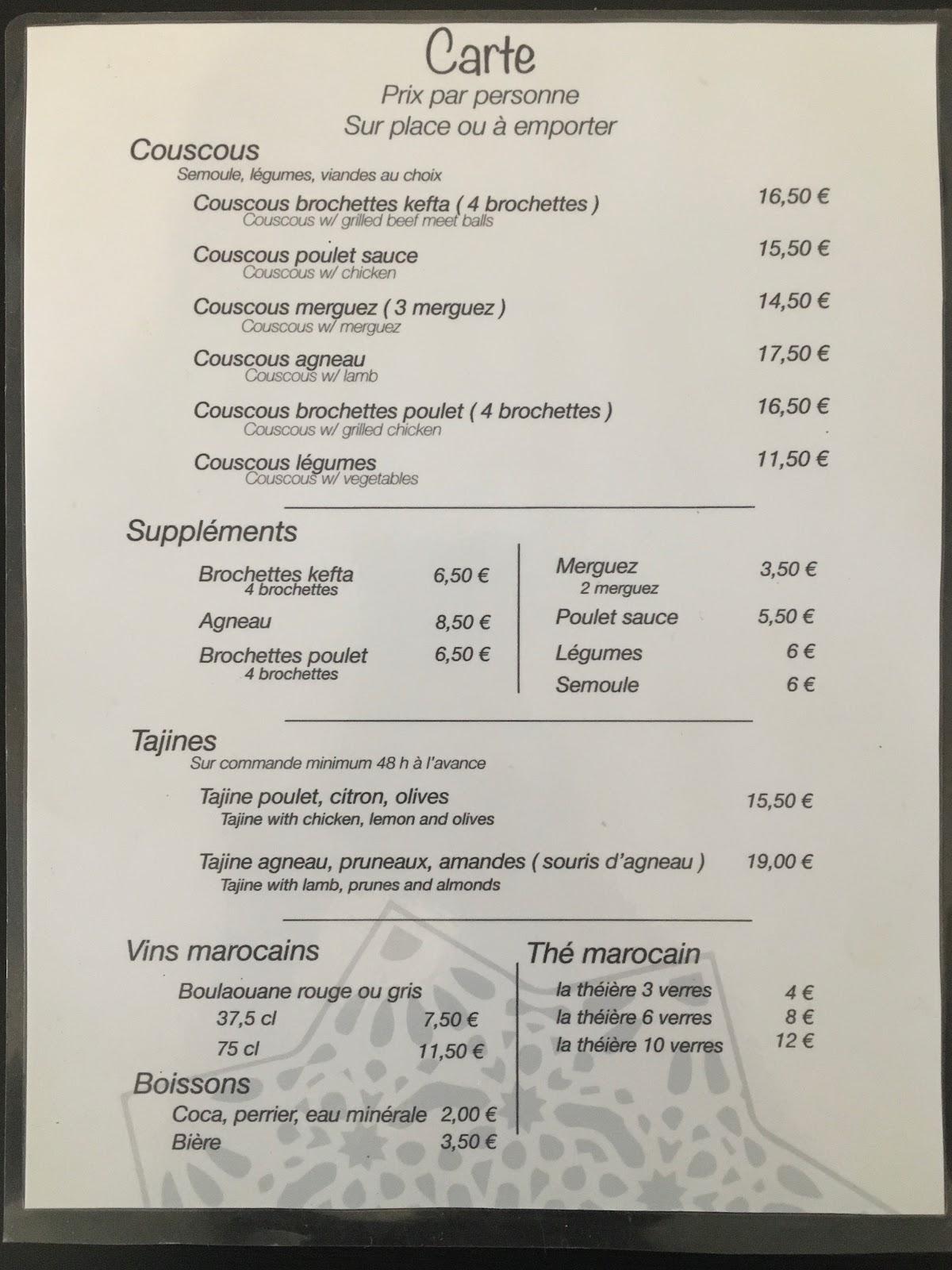 Menu at Couscous Délices restaurant, Rochefort