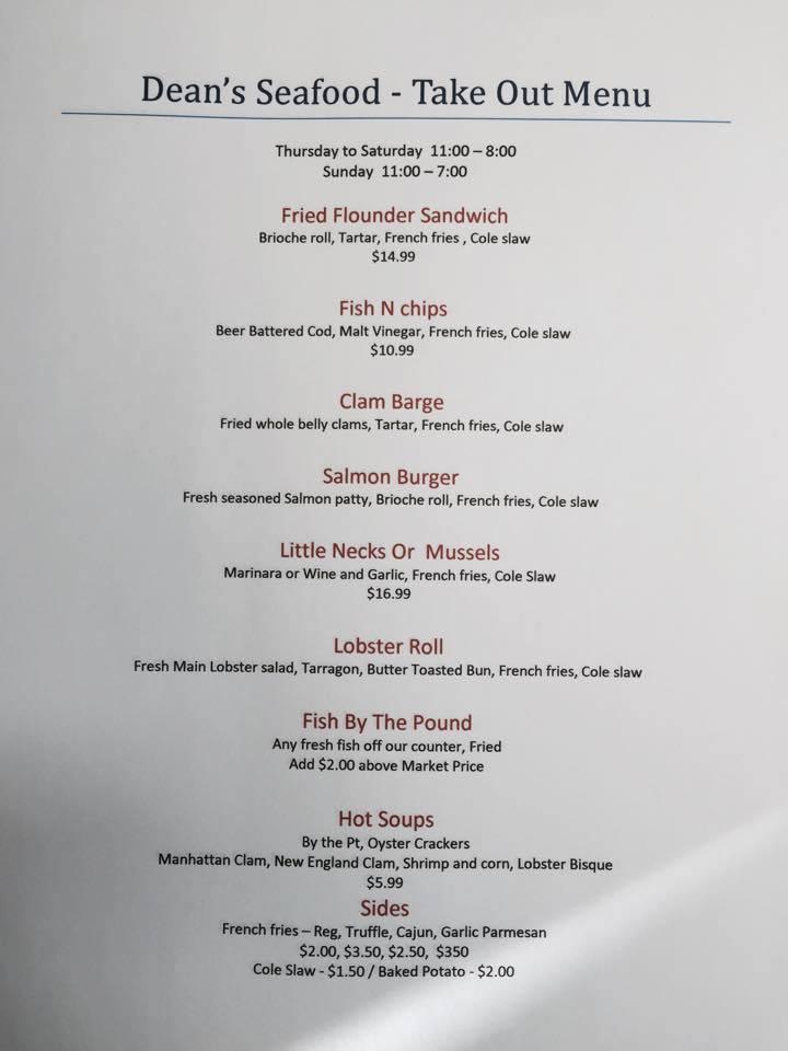 Menu at Deans Seafood restaurant, Bay Shore