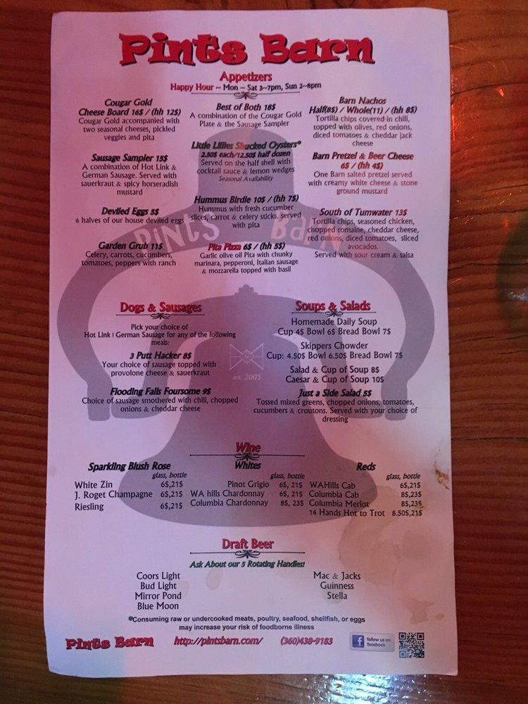 Menu at Pints Barn, Tumwater, 114 E St SW