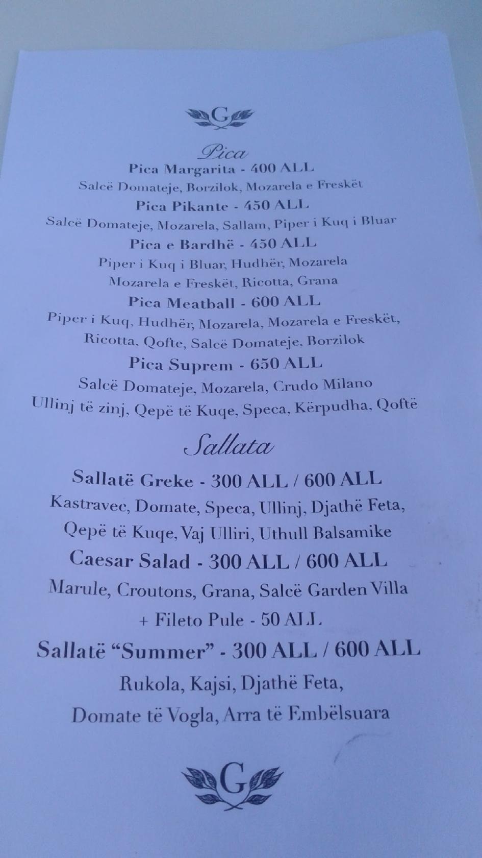 Menu at Garden Villa, Pogradec