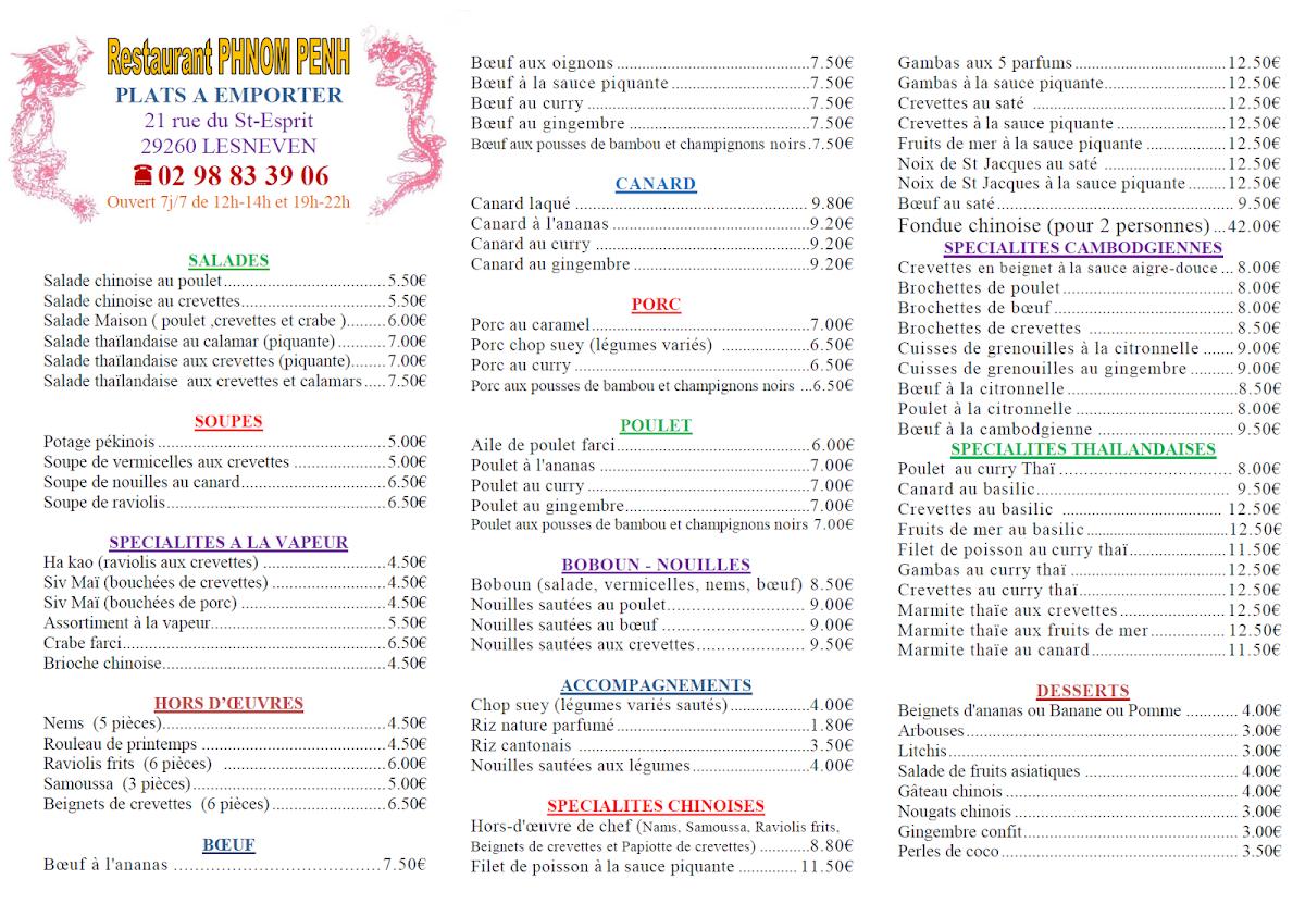 Menu au Le Phnom Penh restaurant, Lesneven