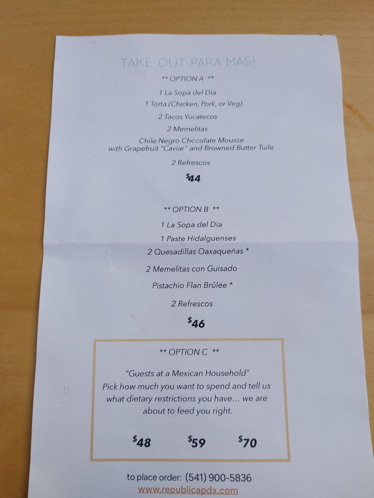 Menu at República restaurant, Portland