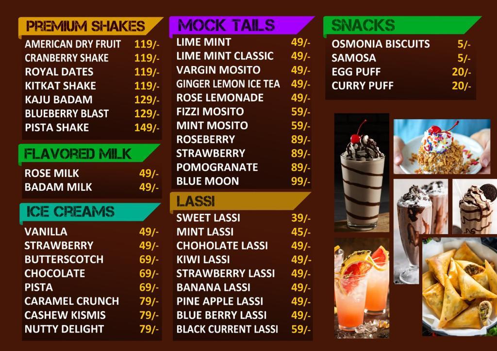 Menu at Tea Town, Bhimavaram