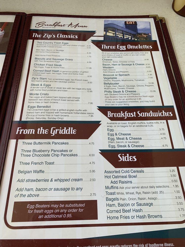 Menu at Zip's Diner restaurant, Killingly, 725 Hartford Pike