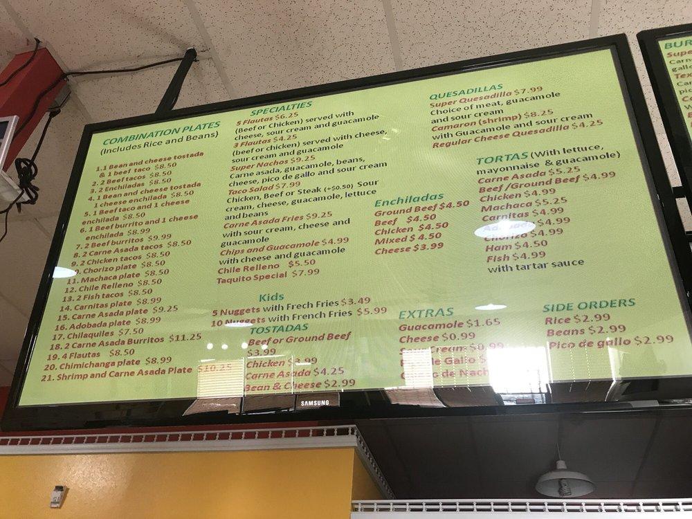 Menu at Los Burritos restaurant, Killeen