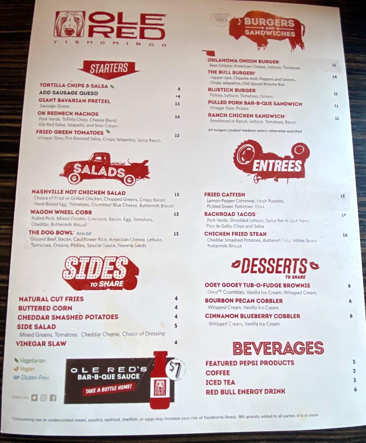 Menu at Ole Red pub & bar, Tishomingo