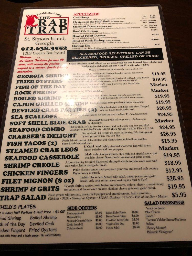 Menu at The Crab Trap pub & bar, Saint Simons Island