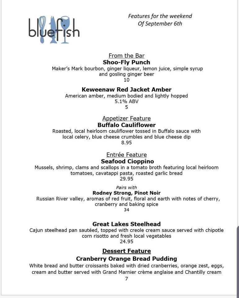 Menu at Bluefish Kitchen + Bar, Manistee