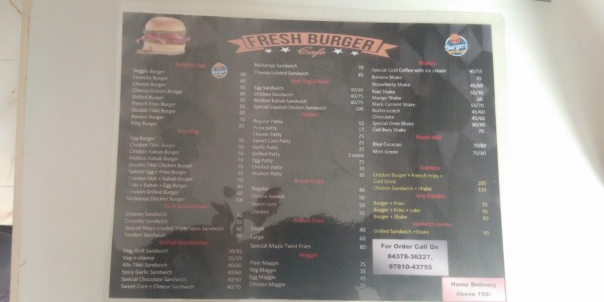 Fresh Burger Cafe menu