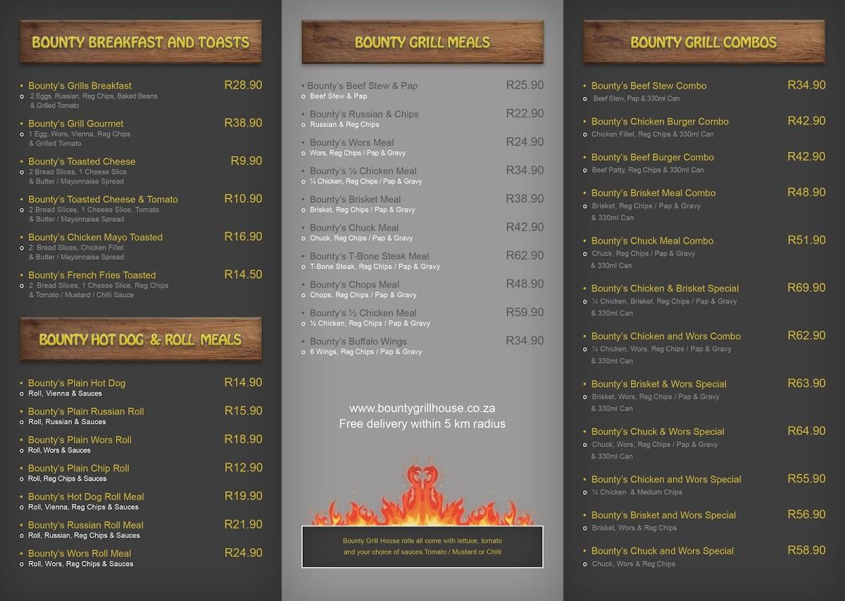 Speisekarte von Bounty Grill House restaurant, Johannesburg