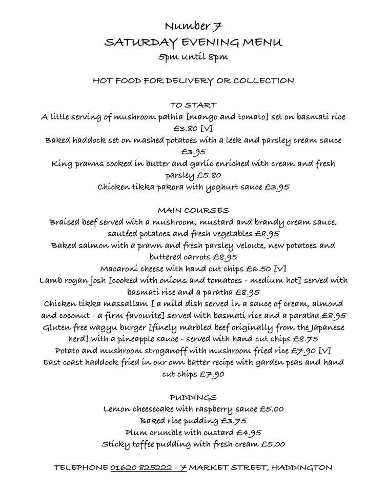 Menu at Number 7 restaurant, Haddington