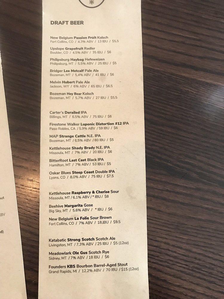 Menu at Backcountry Burger Bar, Bozeman