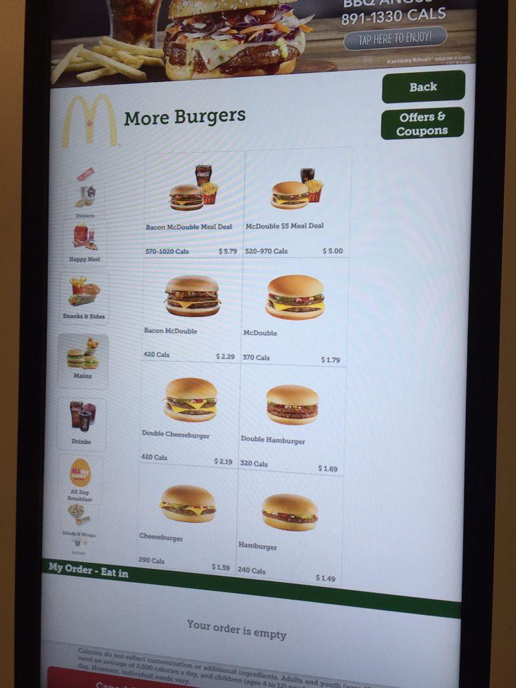 Menu at McDonald's fast food, Calgary, 222 8 Ave SW