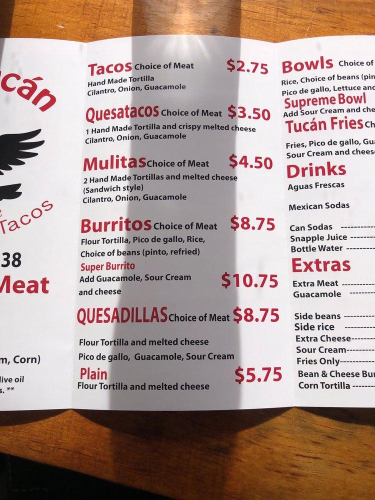 Menu at Tacos El Tucan restaurant, Richmond