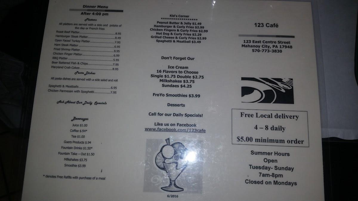 Menu at The 123 Cafe, Mahanoy City, 123 E Centre St