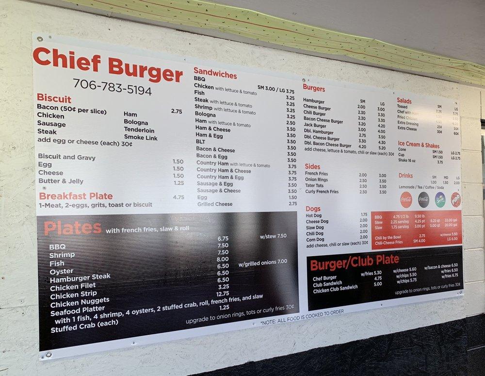 Menu at Chief Burger BBQ, Comer, 476 GA72