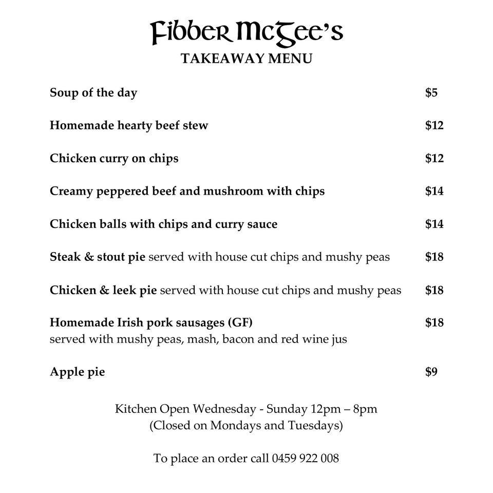 Menu at Fibber McGee's restaurant, Leederville