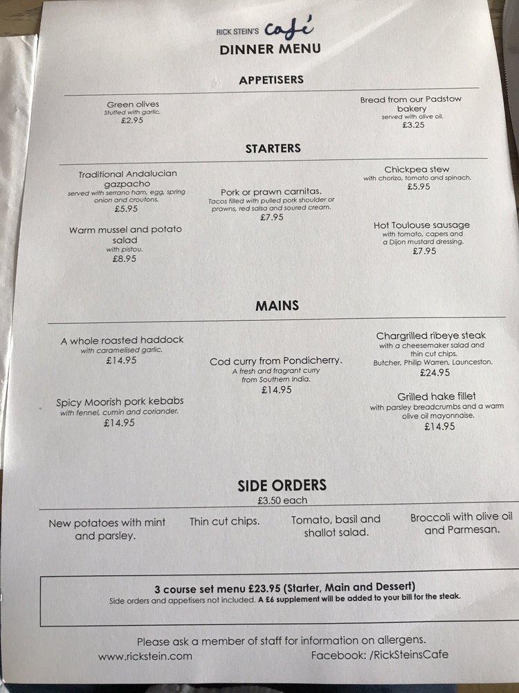 Menu at Rick Stein's Café restaurant, Padstow, 10 Middle St