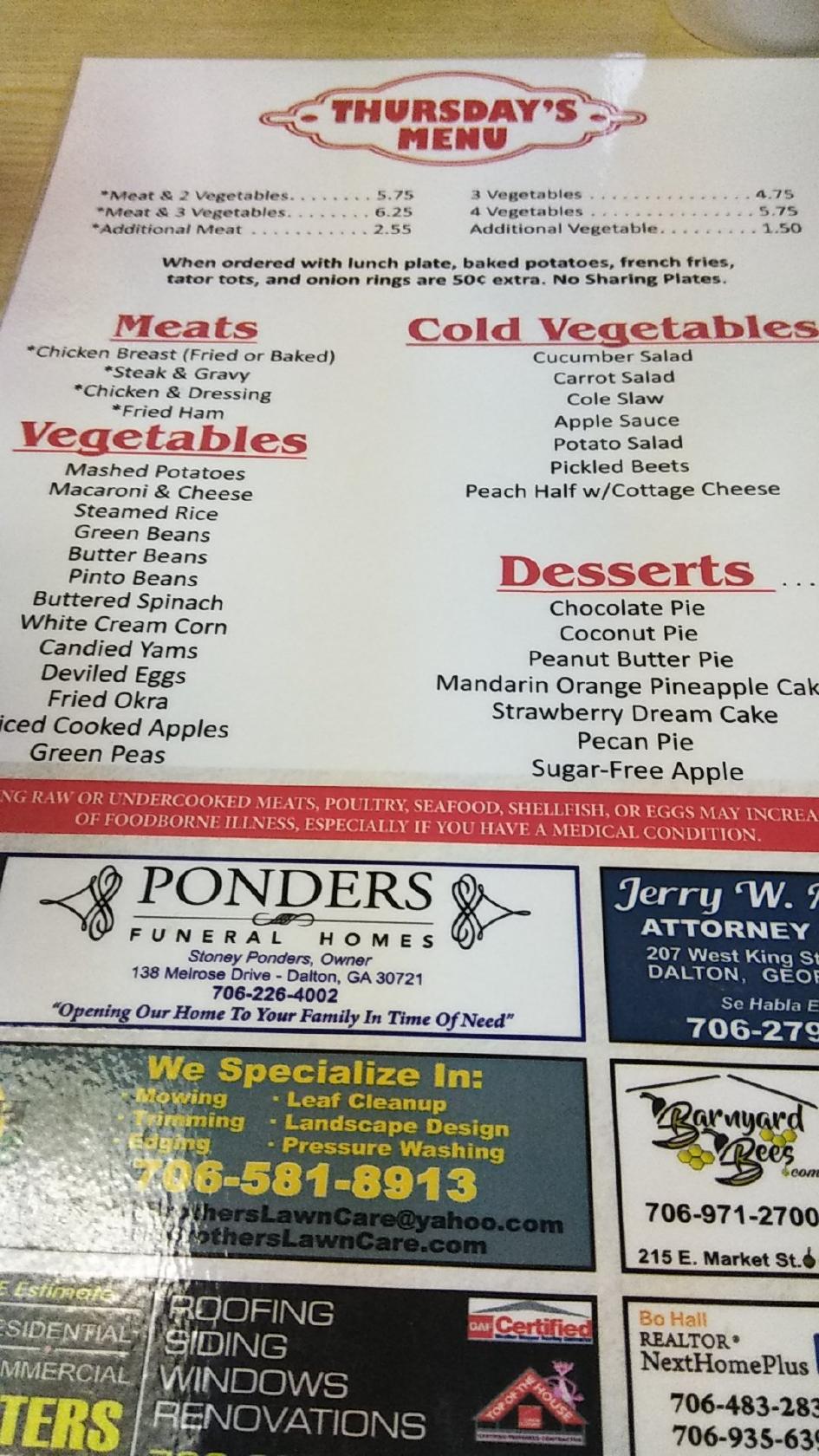 Menu at Parker's Restaurant, Dalton