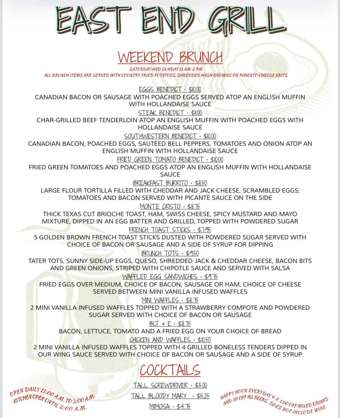 Menu at East End Grill pub & bar, Memphis, Winchester Rd