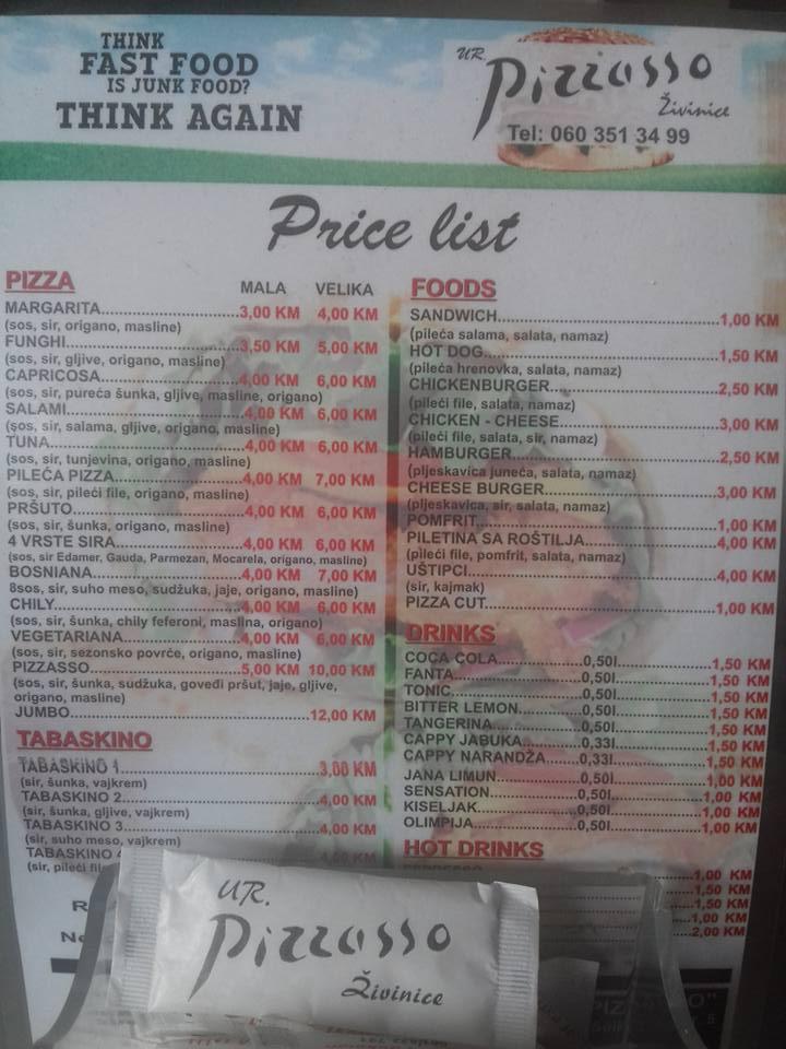 Menu at Pizzeria Pizzasso, Živinice Grad